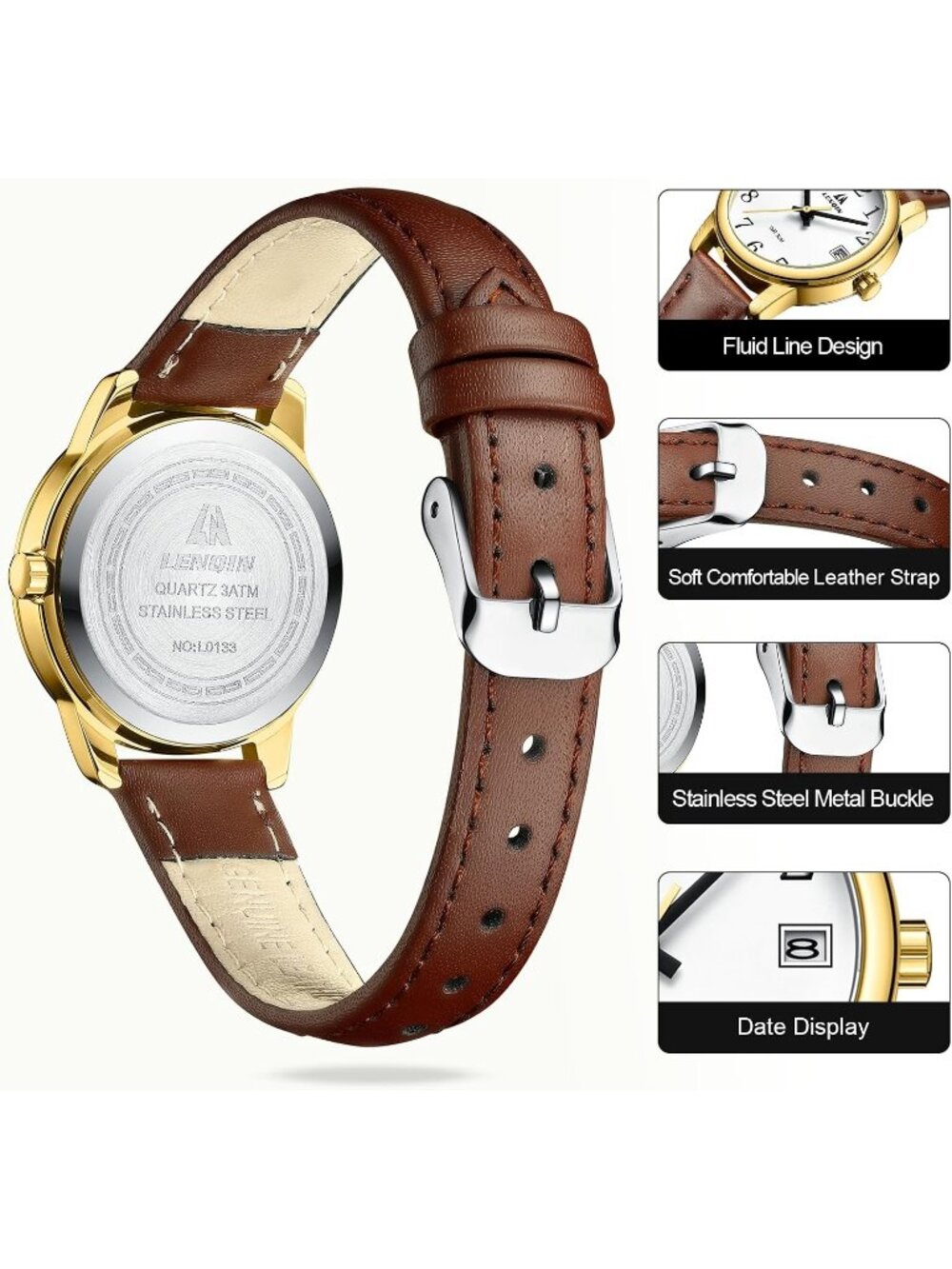 Women's Dark Brown Gold White Analog Waterproof Easy Reader Leather Strap Watch - Picture 3 of 6